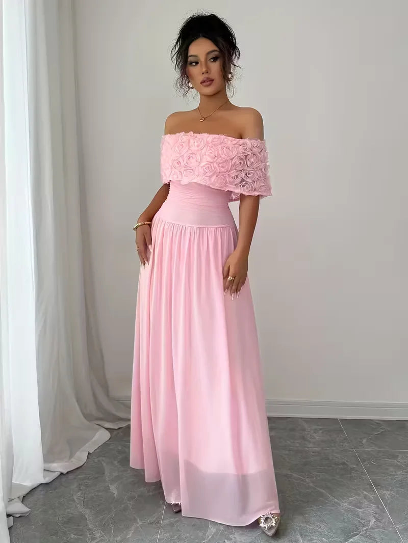 Pink Maxi Dress with Off Shoulder Floral Detail