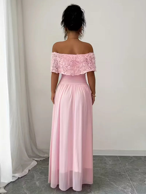 Pink Maxi Dress with Off Shoulder Floral Detail