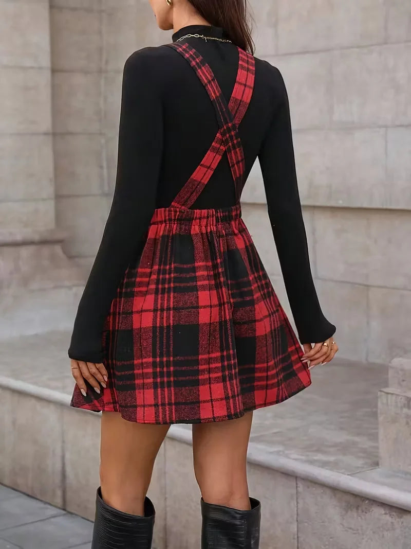 Plaid Mini Pinafore Dress with Belted Waist