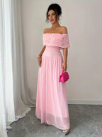 Pink Maxi Dress with Off Shoulder Floral Detail