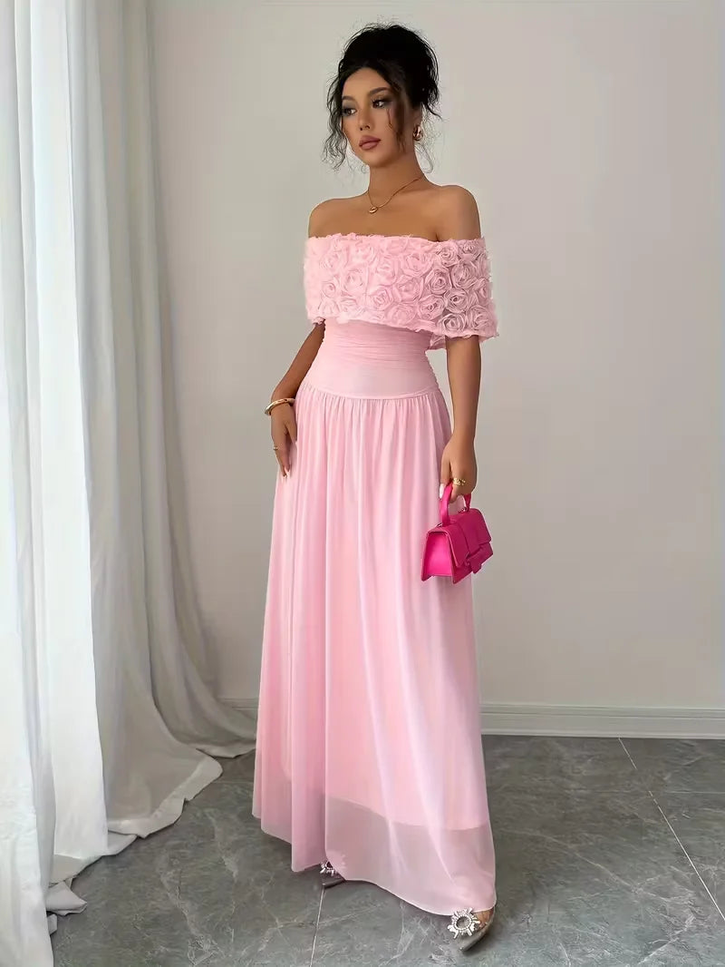 Pink Maxi Dress with Off Shoulder Floral Detail